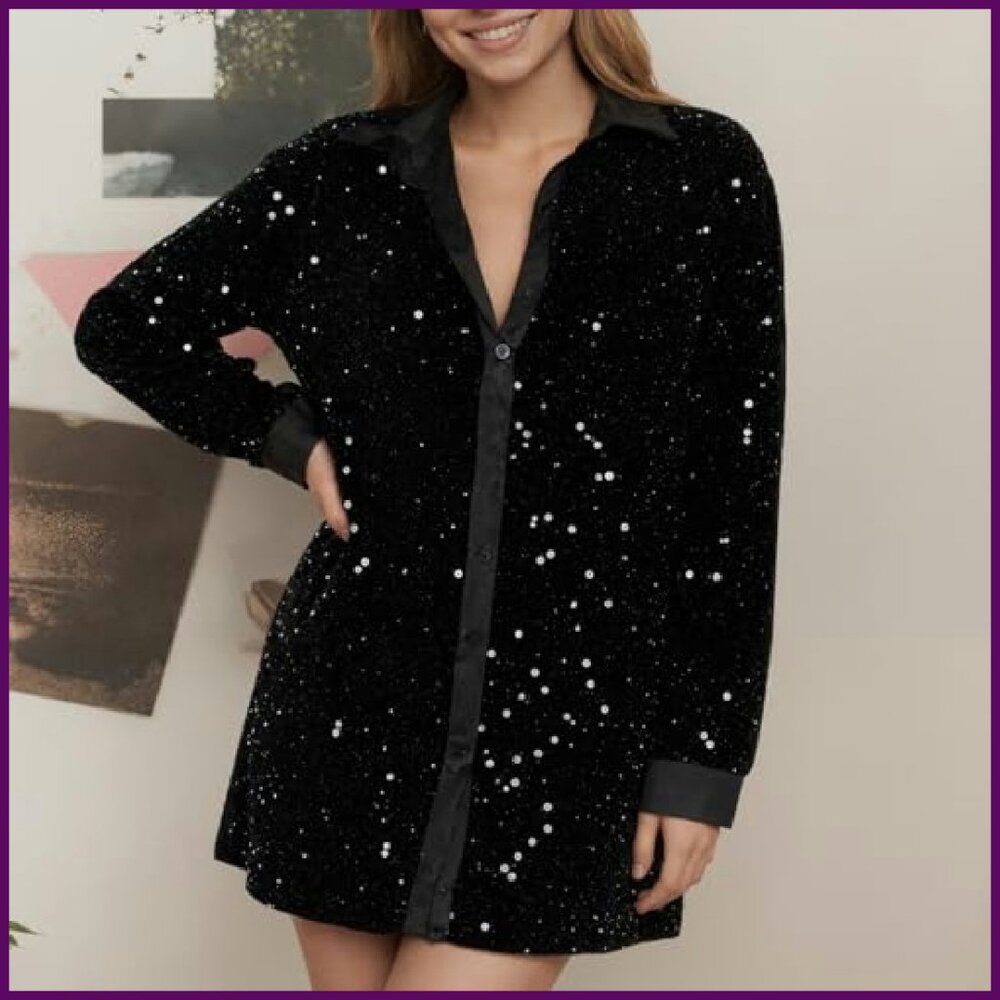 Plus Size Sequin Button Down Shirt Flannel Blouse… - image 6